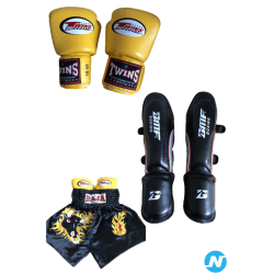 Équipement boxe thaï (gants, short et protections bas de jambe)