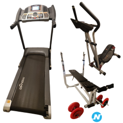 Ensemble Tapis de course + banc de musculation avec barre et poids + vélo elliptique + Stepper