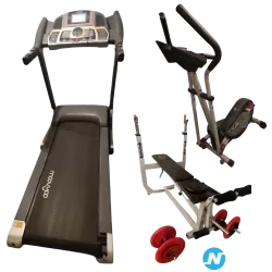 Ensemble Tapis de course + banc de musculation avec barre et poids + vélo elliptique + Stepper