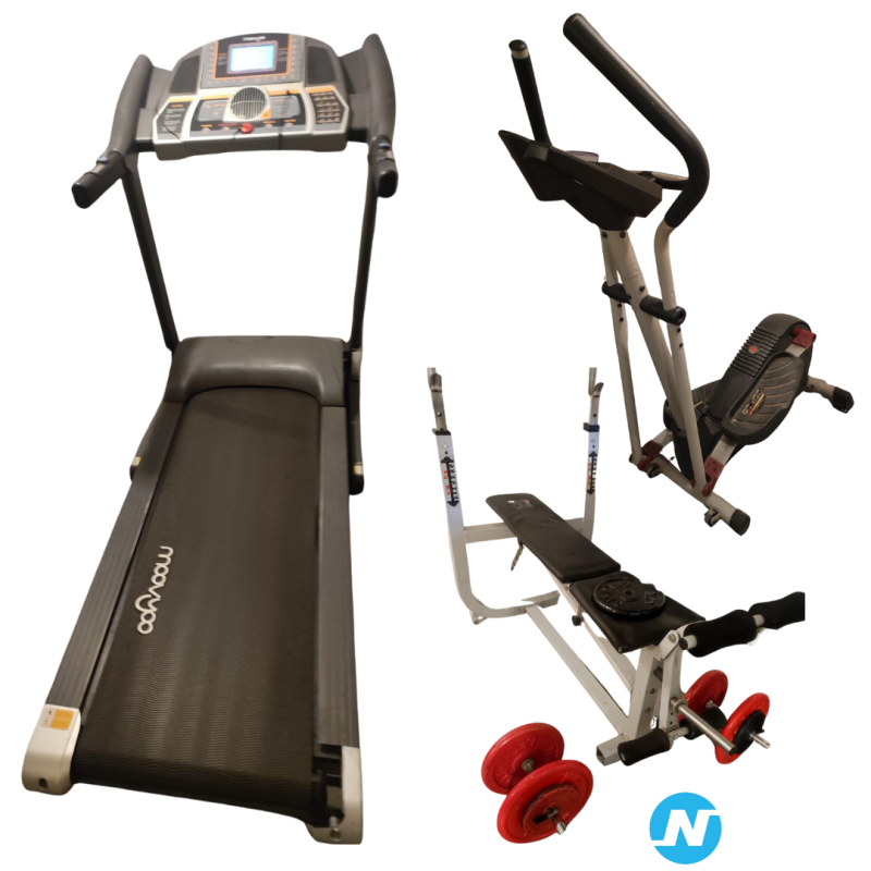 Ensemble Tapis de course + banc de musculation avec barre et poids + vélo elliptique + Stepper