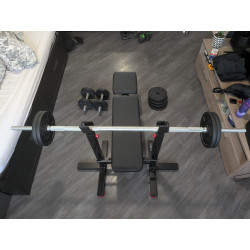 Banc de musculation Domyos complet + barre + haltères + poids en fonte (Comme neuf)