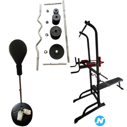 Lot muscu : banc + barres + poids + punching ball