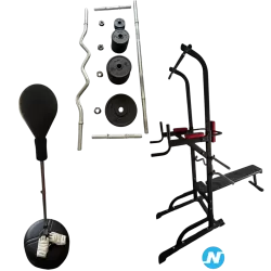 Lot muscu : banc + barres + poids + punching ball