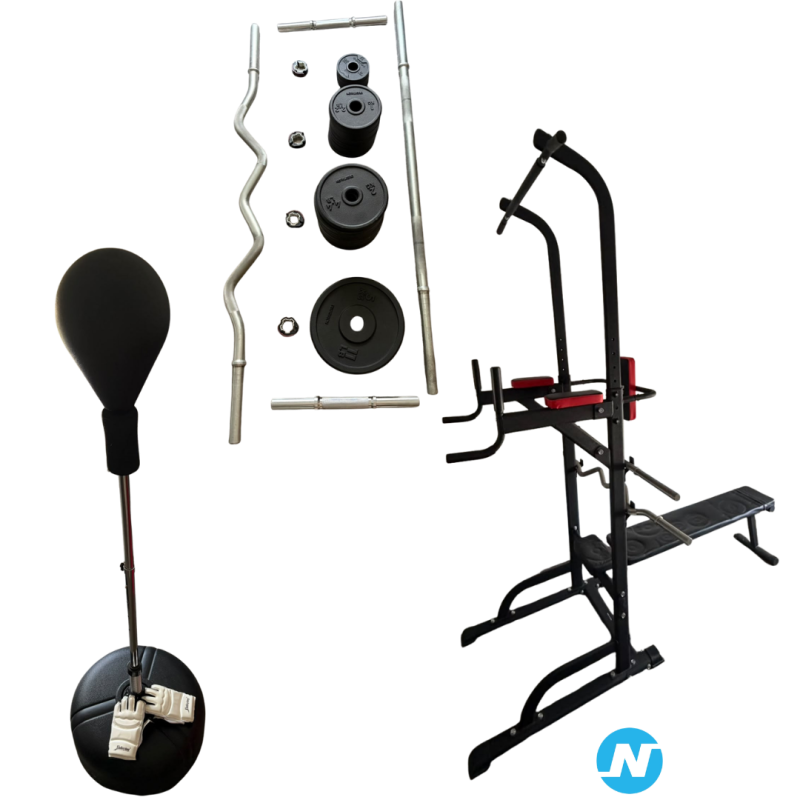 Lot muscu : banc + barres + poids + punching ball