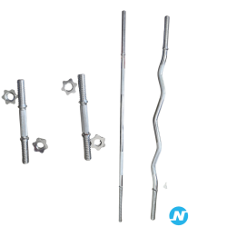 Set - barre longue, barre curl EZ, deux barres courtes et stop-disques