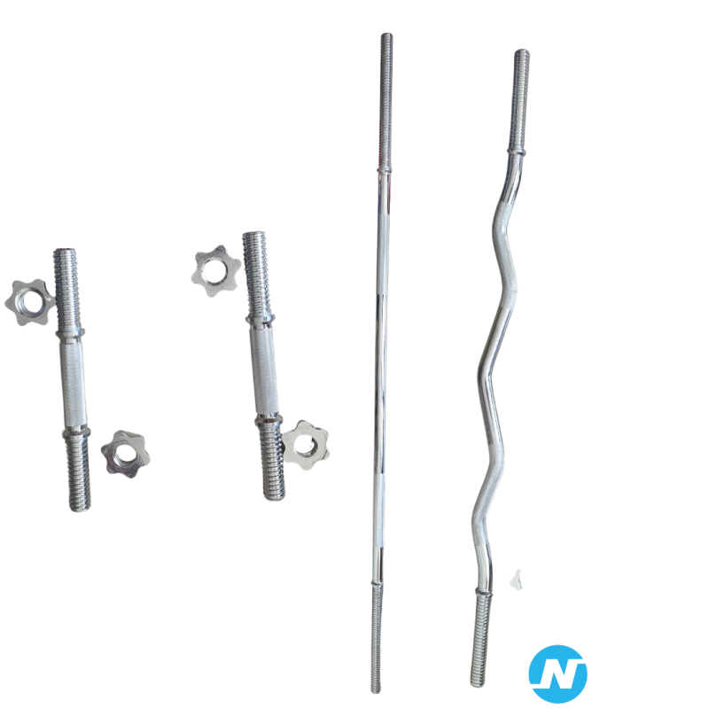 Set - barre longue, barre curl EZ, deux barres courtes et stop-disques
