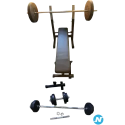 Banc et Barre de musculation + barre curl + set d’haltères